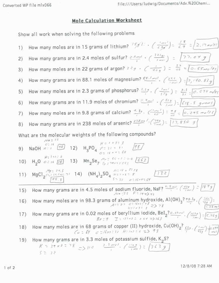 Mole to Grams Grams to Moles Conversions Worksheet Answer Key or Mole Calculations In Chemical Equations Wallpapers 45 Inspirational