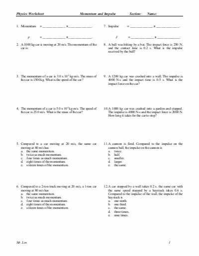 Momentum Impulse and Momentum Change Worksheet Answers Physics Classroom and Best Kinetic and Potential Energy Worksheet Best Physics