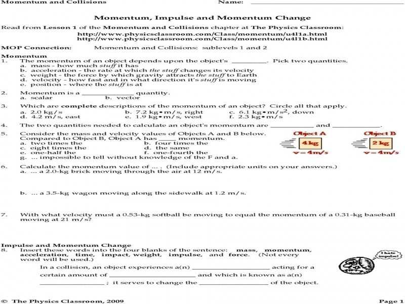 Momentum Impulse and Momentum Change Worksheet Answers Physics Classroom or Momentum and Impulse Worksheet