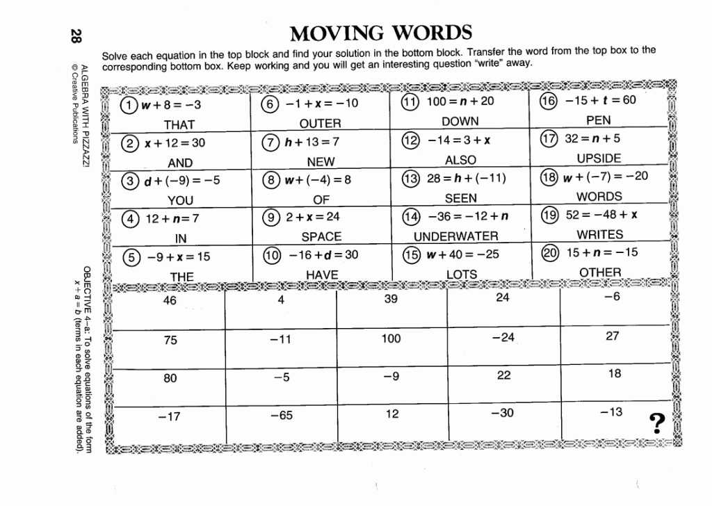 Moving Words Math Worksheet as Well as Algebra with Pizzazz Answer Key Best Moving Words Math Worksheet