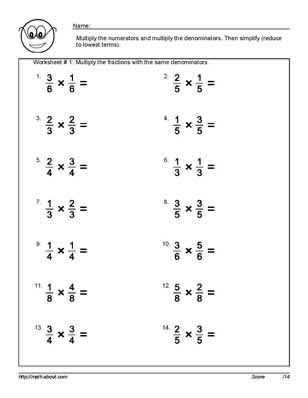 Multiplying Fractions and Mixed Numbers Worksheet and Multiply the Fractions with Mon Denominators Worksheets
