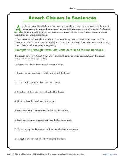 Noun Verb Sentences Worksheets and Adverb Clauses In Sentences