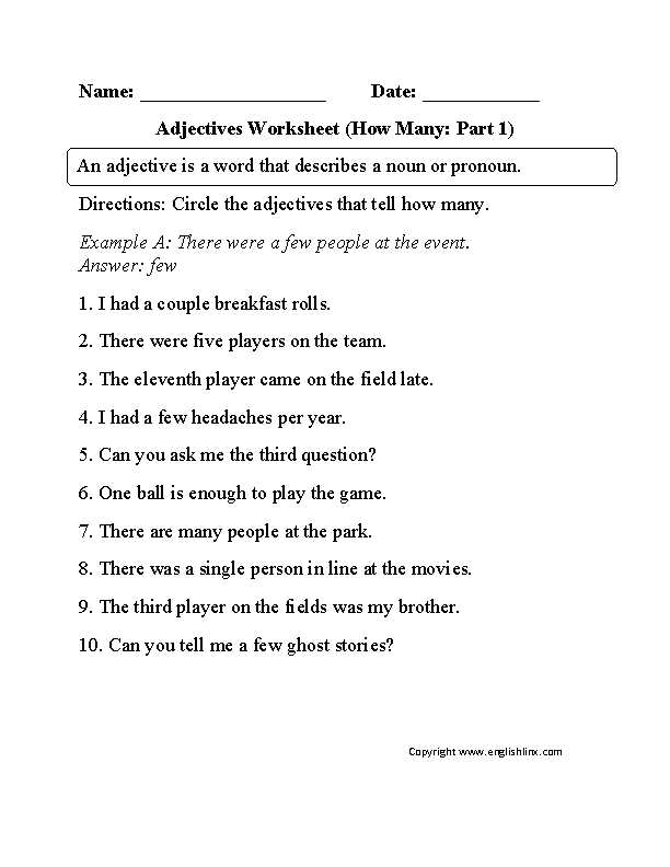 Nouns and Pronouns Worksheets or Adjectives Worksheet How Many Part 1 Beginner