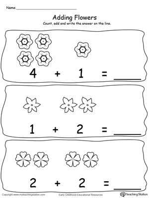 Number 4 Worksheets and Adding Numbers with Flowers Sums to 5 3 4