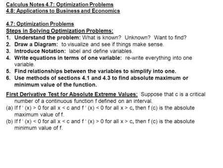 Optimization Problems Calculus Worksheet or Barnett Ziegler byleen Business Calculus 11e1 Objectives for Section