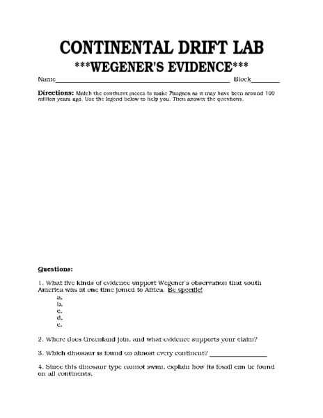 Pangea Worksheet Answers Also Continental Drift Lab Worksheet 464600