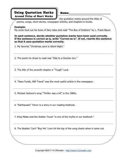 Paragraph Correction Worksheets Along with Quotation Marks
