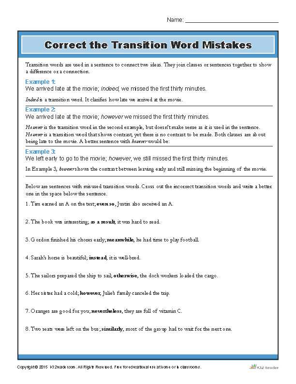 Paragraph Correction Worksheets or Correct the Transition Word Mistakes