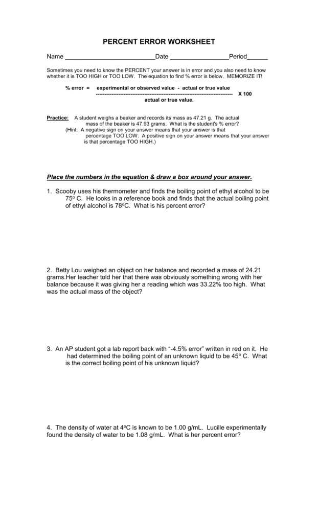 Percent Error Worksheet Answer Key or 1 Percent Error Worksheet Cadrecorner