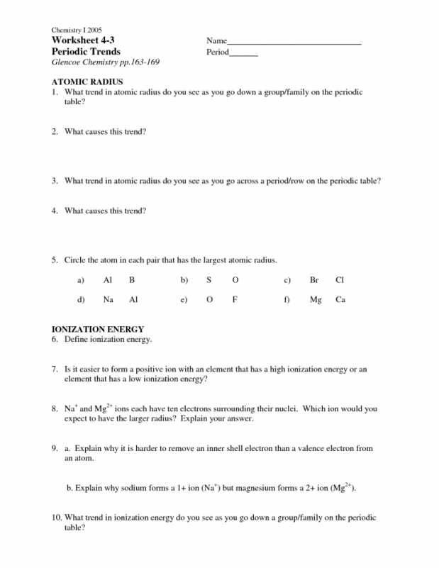 Periodic Trends Worksheet Answers Pogil and Trends In the Periodic Table Worksheet Answer Key Worksheet