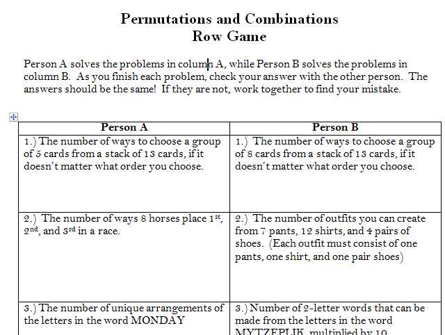 Permutations and Combinations Worksheet Answers or Permutations & Binations Row Game Probability