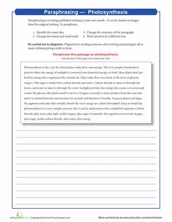 Photosynthesis Worksheet Answer Key or Paraphrasing Synthesis