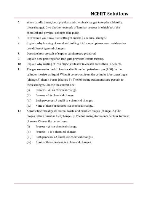 Physical and Chemical Changes Worksheet or Ncert solutions for Class 7 Science Chapter 6 Physical and