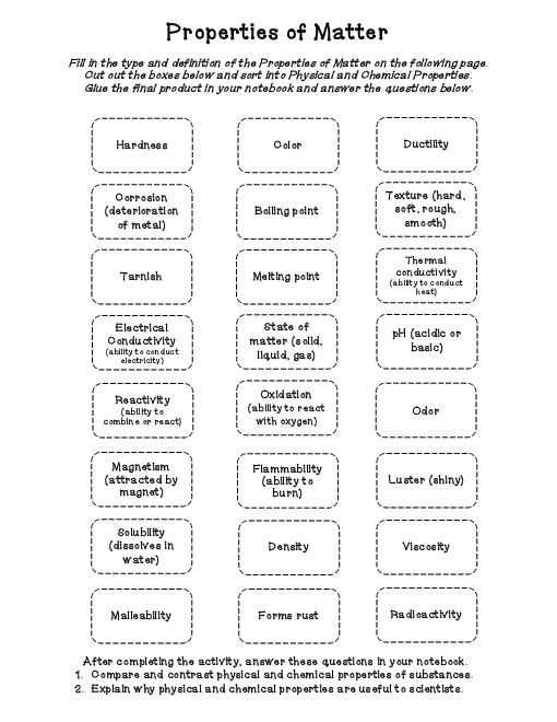 Physical and Chemical Properties Worksheet or Dartmouth Middle School