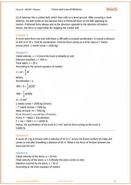 Physics force Worksheets with Answers and Ncert solutions for Class 9 Science Chapter 9 force and Laws Of Motion