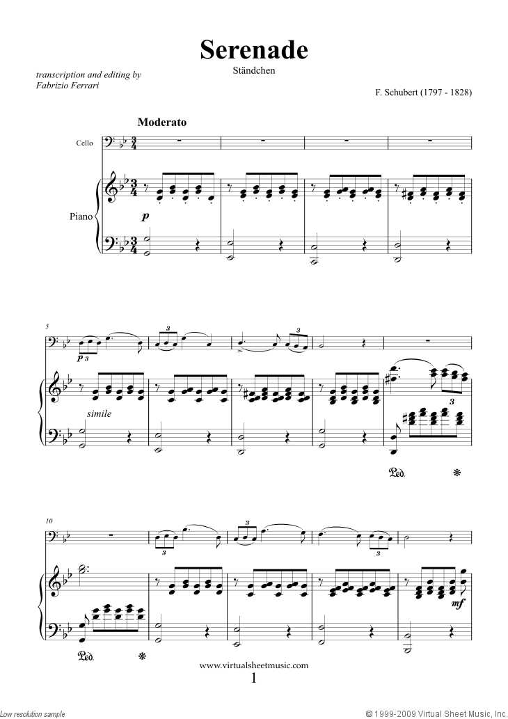 Piano theory Worksheets with Schubert Serenade "standchen" Sheet Music for Cello and Piano