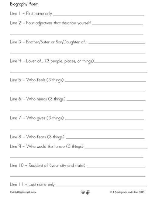 Poetry Comprehension Worksheets and Writing A Bio Poem with Kids Free Printable Template at Waddlee Ah