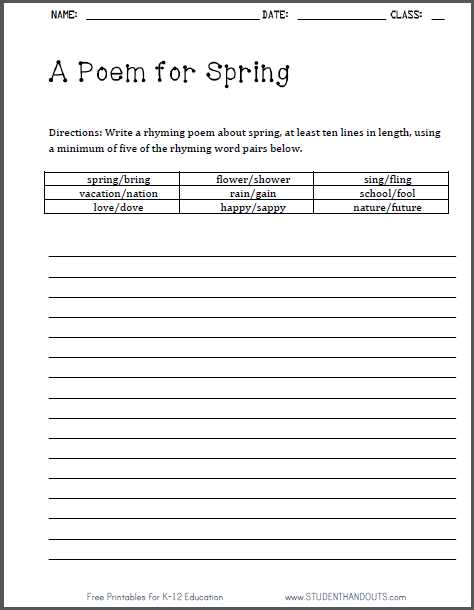Poetry Comprehension Worksheets or A Poem for Spring Poetry Writing Worksheet