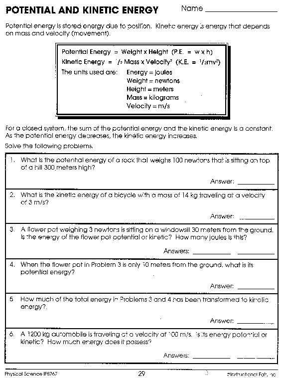 Potential Energy and Kinetic Energy Worksheet Answers with Kinetic and Potential Energy Worksheet Key Gallery Worksheet Math