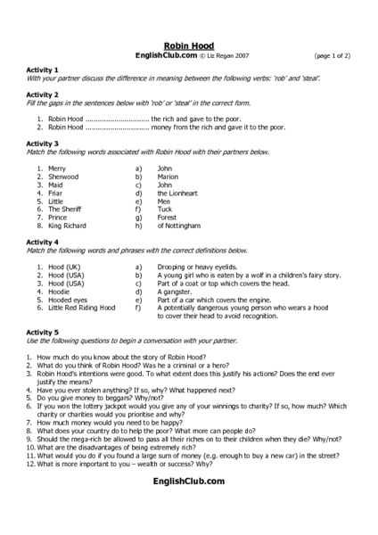 Pre Lab Activity Worksheet Answers with Robin Hood" Worksheet Lesson Planet Robin Hood