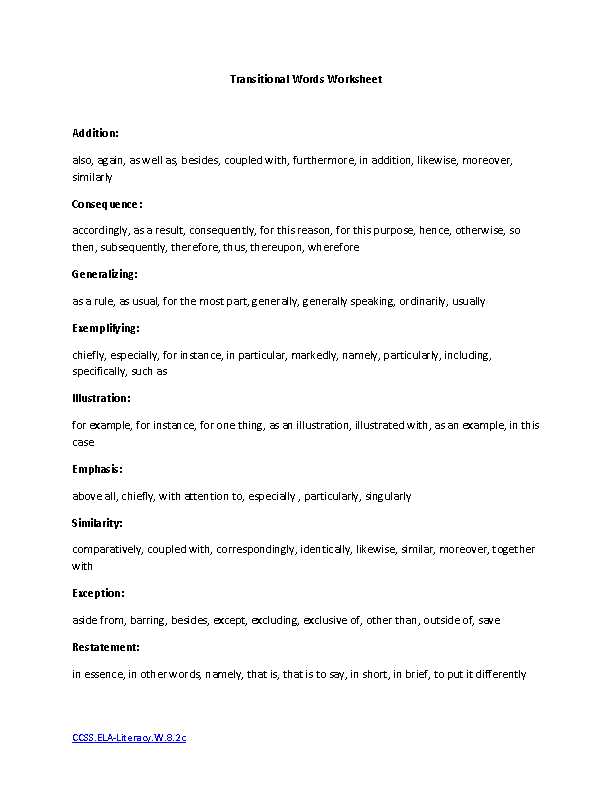 Premise and Conclusion Worksheet Also Transitional Words Ela Literacy W 8 2c Writing Worksheet