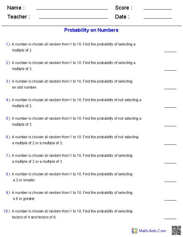 Probability Of Compound events Worksheet with Answer Key and Probability Worksheets On Numbers Math Aids