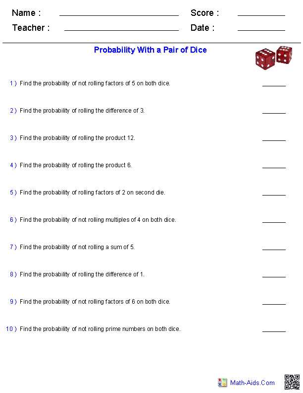 Probability Of Compound events Worksheet with Answer Key with Probability Worksheets with A Pair Of Dice