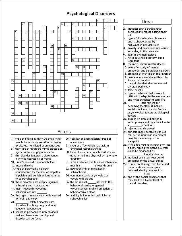 Psychological Disorders Worksheet Answers and Psychological Disorders Study Guide Crossword Puzzle Psychological