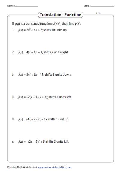 Quadratic Equation Worksheet with Translation Of the Quadratic Functions