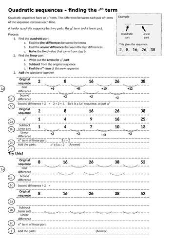 Quadratic Sequences Worksheet and High School Sequences Resources
