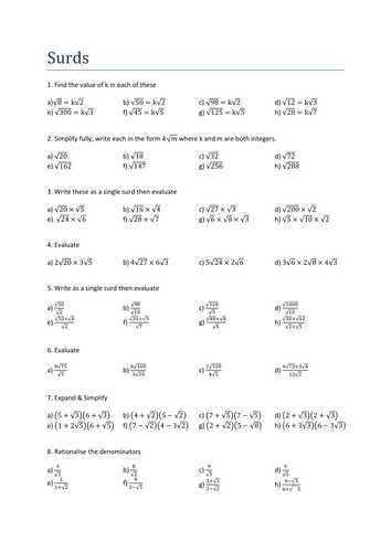 Rationalizing Denominators Worksheet Answers and Surds Practice Questions solutions by Transfinite Teaching
