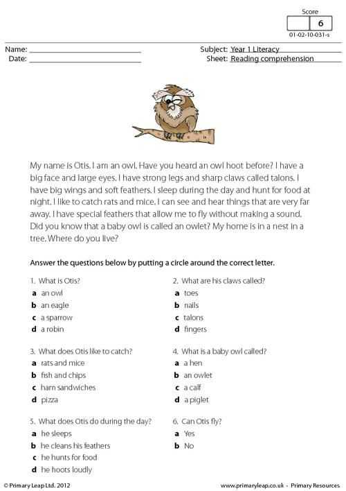 Reading and Questions Worksheets Also Otis the Owl Students Read the Text About An Owl Called Otis and