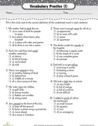 Reading and Questions Worksheets Also Vocabulary Practice Choose the Definition