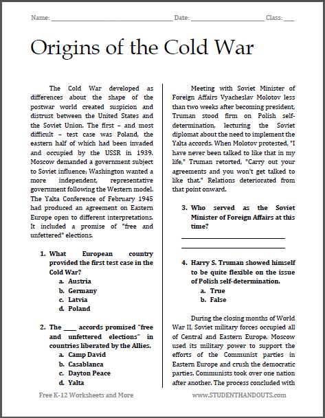 Reading Comprehension High School Worksheets Pdf or origins Of the Cold War