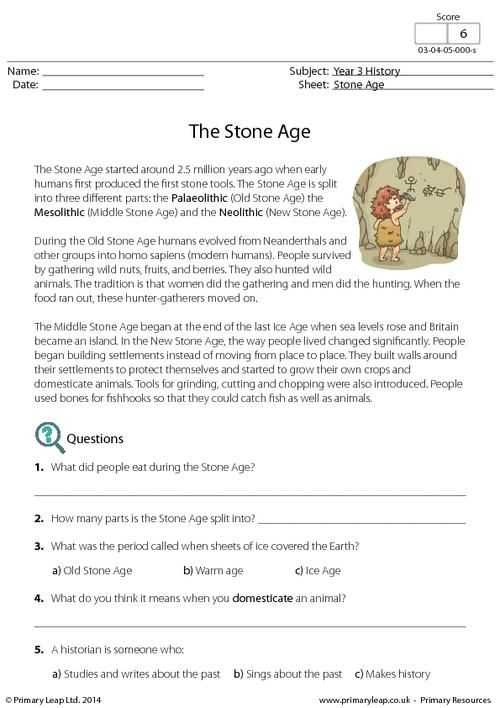 Reading Comprehension Worksheets High School or Primaryleap Reading Prehension the Stone Age Worksheet