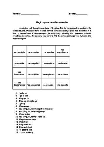 Reflexive Verbs Spanish Worksheet Also Magic Square On Reflexive Verbs Spanish