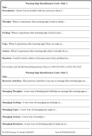 Relapse Plan Worksheet and Warning Sign Identification Cards Relapse Prevention 3