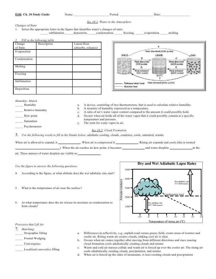 Relative Humidity and Dew Point Worksheet Answer Key with Ch 18 Study Guide 2009