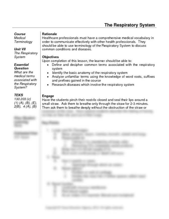 Respiratory System Medical Terminology Worksheet or Medical Terminology Worksheet