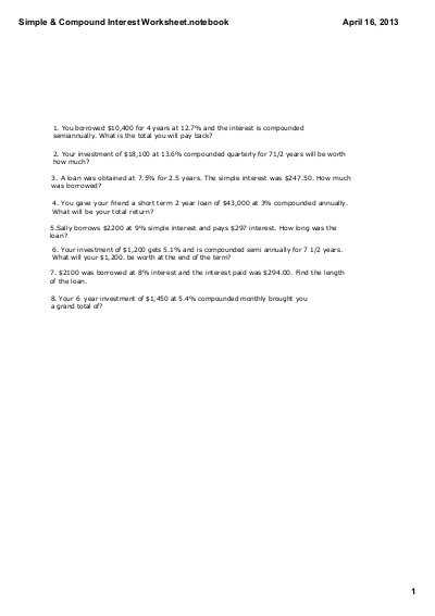 Simple and Compound Interest Worksheet together with Simple and Pound Interest Homework Problems 1 the Billing