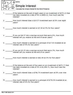 Simple Interest Word Problems Worksheet Also Simple Interest Worksheets with Answers