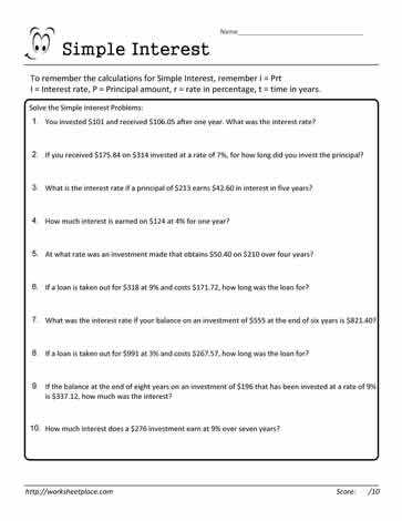 Simple Interest Word Problems Worksheet and 7th Grade Math Simple Interest Worksheets