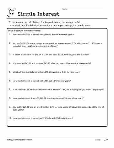 Simple Interest Word Problems Worksheet as Well as 7th Grade Math Simple Interest Worksheets
