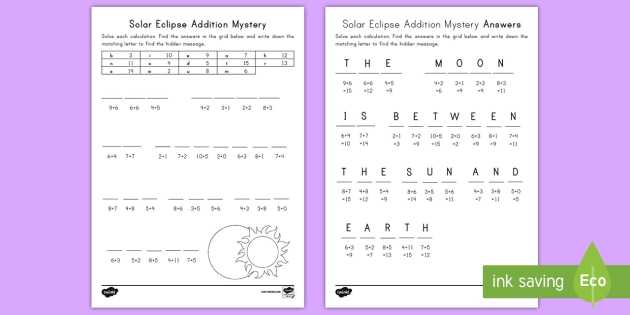 Solar and Lunar Eclipses Worksheet together with solar Eclipse Addition Mystery Worksheet Activity Sheet