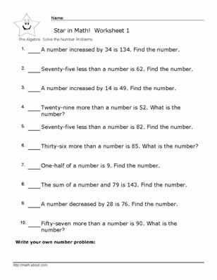 Solving Problems Algebraically Worksheet Answers Also Pre Algebra Number Problem Worksheets with Answers
