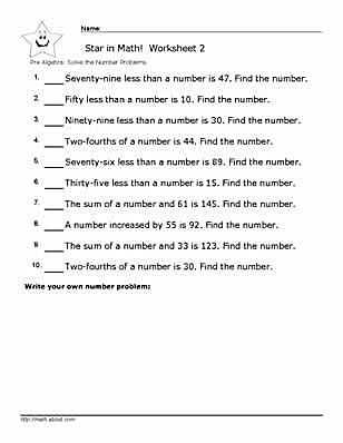 Solving Problems Algebraically Worksheet Answers and Pre Algebra Number Problem Worksheets with Answers