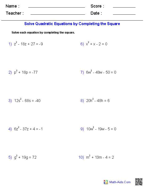 Solving Quadratic Equations by Completing the Square Worksheet Algebra 1 Also solving Quadratic Equations by Pleting the Square
