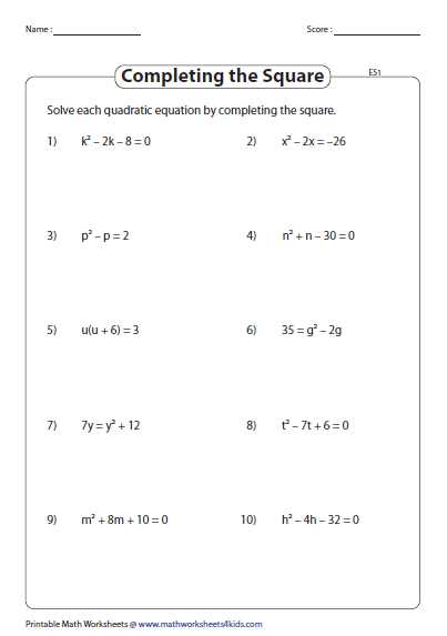 Solving Quadratic Equations by Completing the Square Worksheet Algebra 1 as Well as solving Quadratic Equations by Pleting the Square Worksheet