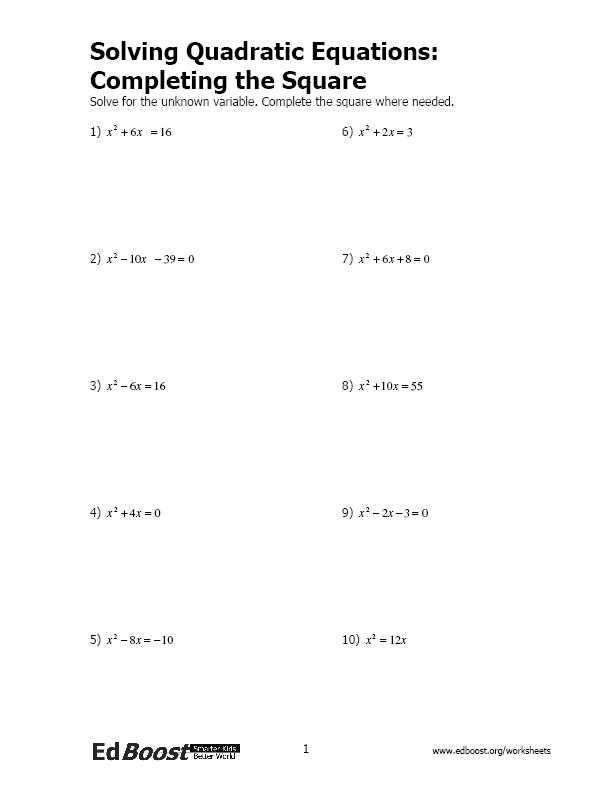 Solving Quadratic Equations by Completing the Square Worksheet Algebra 1 together with solving Quadratic Equations Pleting the Square