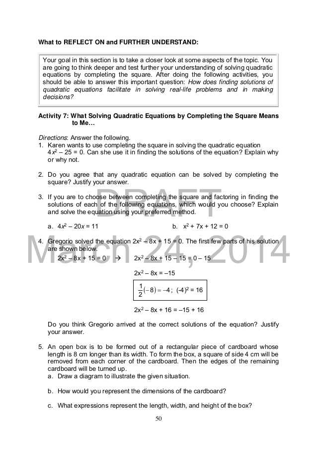Solving Quadratic Equations by Completing the Square Worksheet as Well as Mathematics 9